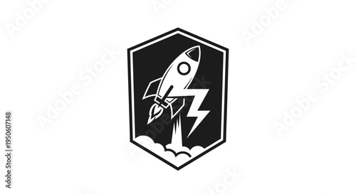 Speed rocket launch emblem with lightning. Monochrome vector icon symbolizing power, innovation, startup, growth, and rapid progress.