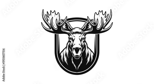 Majestic moose head with large antlers in a vintage-style shield emblem. Monochrome wildlife illustration, strong graphic design.