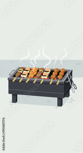 Pixel Art Barbecue Grill with Skewers Cooking Food, Outdoor Summer Grilling