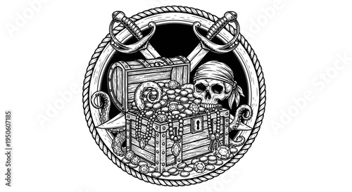 Vintage Pirate Treasure Emblem: Skull, Crossed Swords, Gold Coins, and Chests. Hand-drawn Adventure Badge in Engraving Style.