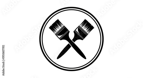Crossed Paintbrushes Icon in Circle Frame. Black and White Artistic Graphic for Painting, Art, Craft, DIY, Home Improvement