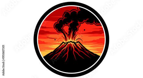 Powerful volcanic eruption illustration with molten lava flow, dense ash cloud, and fiery red sky in a circular emblem design, depicting natural disaster.
