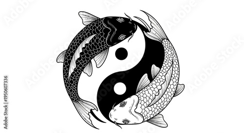 Stylized black and white Yin Yang symbol featuring elegant koi fish, illustrating balance, harmony, and spiritual duality in Asian art.