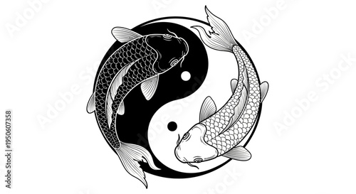 Yin Yang Koi Fish Symbol: Black and White Illustration of Duality, Balance, and Harmony in Oriental Style
