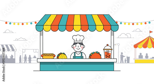 Street Food Vendor Serving Hot Dogs and Tacos at Outdoor Festival Stall