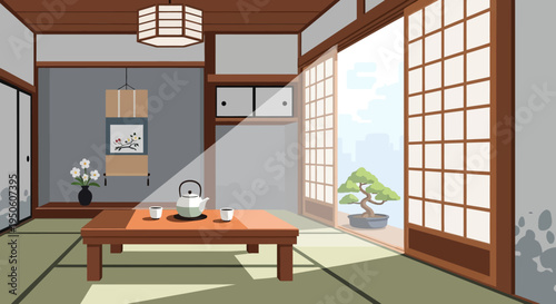 Cozy Japanese Room with Tea Set and Bonsai Tree View