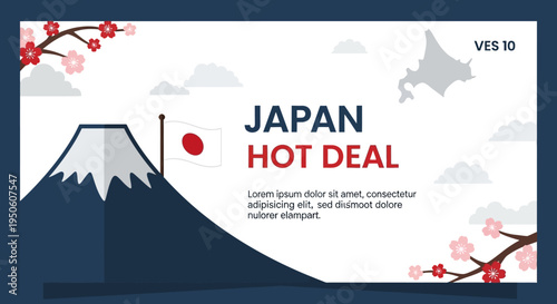 Japan Hot Deal Travel Promotion: Mount Fuji, Cherry Blossoms, and Japanese Flag