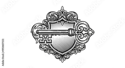 Vintage ornate skeleton key on an antique decorative shield emblem in classic engraving style, symbolizing secret access or success