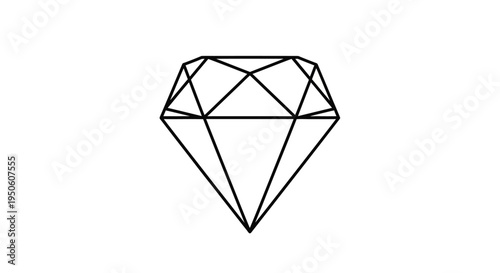 Clean black line art diamond icon, simple geometric faceted jewel illustration on white background, design element for luxury concepts.