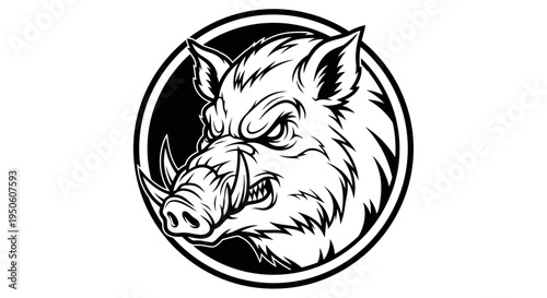 Powerful Wild Boar Head Illustration with Aggressive Expression and Tusks in a Circular Emblem. Vector Graphic Design Element.