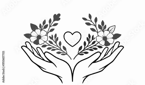Hands holding heart with flowers black and white line art