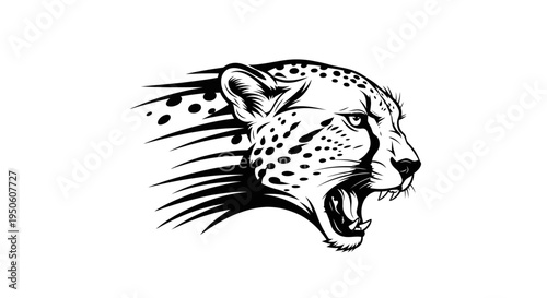 Dynamic roaring cheetah head illustration with speed lines. Black and white vector art symbolizing power, speed, and wild strength.