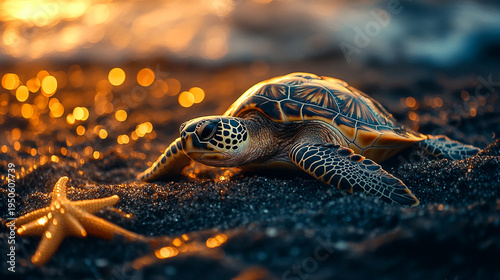 Wallpaper Mural Sea turtle on sandy beach with starfish at sunset warm golden light serene wildlife scene ocean conservation environmental protection endangered species natural habitat beautiful shell patterns Torontodigital.ca
