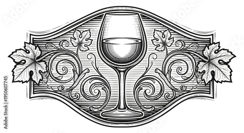 Elegant vintage wine glass emblem with grape leaves and decorative swirls in a classic engraved style, perfect for labels or menus.