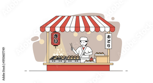 Japanese street food vendor preparing takoyaki at a stall with red and white awning