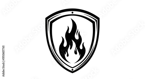 Fire Flame Shield Icon. Vector graphic symbol of protection, security, energy, and power. Black and white emblem design.