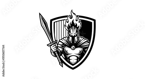 Powerful Warrior Mascot Emblem with Flaming Helmet and Sword. Black and White Medieval Knight or Spartan Graphic Illustration