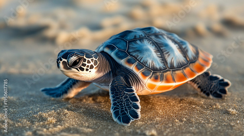 Wallpaper Mural Baby sea turtle walking on sandy beach with vibrant orange and blue shell endangered species wildlife conservation natural habitat sunny day Torontodigital.ca