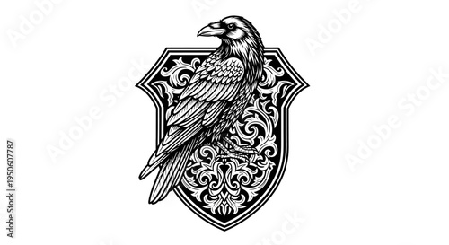 Intricate black and white illustration of a raven on a decorative shield with classic heraldic and gothic design elements.