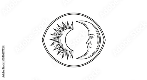 Vintage black and white illustration of sun and moon symbols in an oval frame, representing celestial duality and cosmic balance.