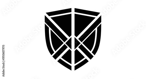 Black geometric shield icon on white background. Abstract protection symbol for security, defense, safety, and privacy concepts.