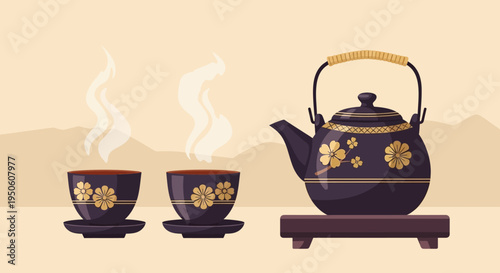 Traditional Japanese Tea Set with Steaming Cups and Floral Design
