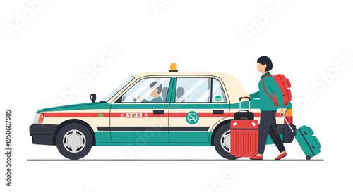 Traveler with Luggage and Japanese Taxi