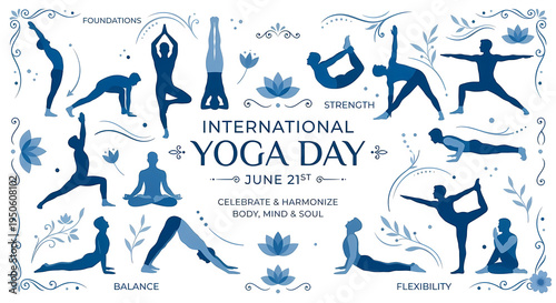 International yoga day template with silhouettes of man doing different yoga exercises, graphic design illustration 