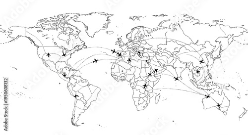 Global travel network on a world map with connected airplane routes, international transportation, logistics, and communication.