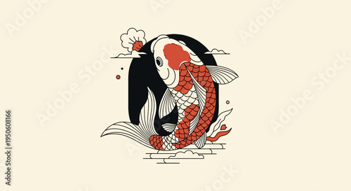 Japanese Koi Fish Illustration, Traditional Art, Red and White Carp, Asian Culture
