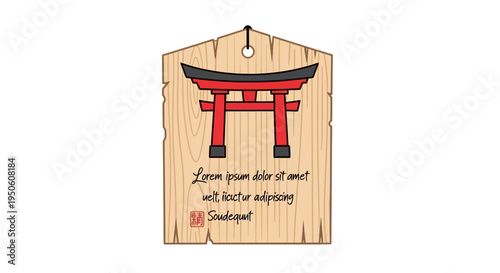 Japanese Torii Gate Ema Prayer Plaque with Calligraphy on Wooden Background