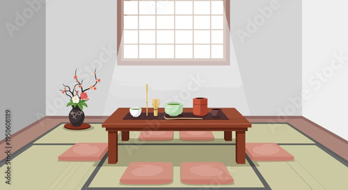 Japanese Tea Ceremony Room with Tatami Mats, Low Table, and Flower Arrangement