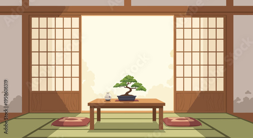 Tranquil Japanese Room with Bonsai Tree and Tatami Mats