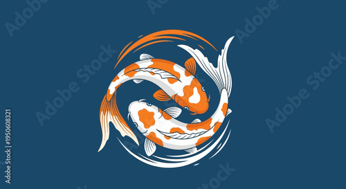 Yin Yang Koi Fish Circle Swirl Blue Background Japanese Art