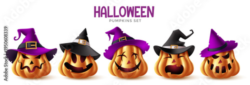 Halloween banner, poster, greeting card and cover design with carved pumpkins, witch hats, bats and spooky typography on white background in cute cartoon holiday style.