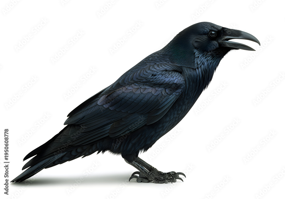 Fototapeta premium A detailed closeup studio shot of a black raven perched with its beak slightly open