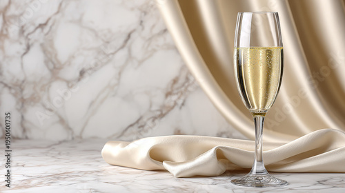 Champagne glass on marble background with silk drapery  