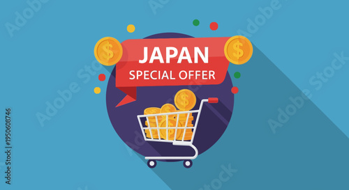 Japan Special Offer: Shopping Cart Full of Coins, E-commerce Concept