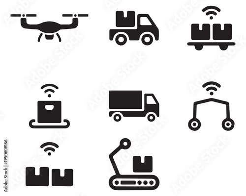 Smart Logistics and Automated Delivery Icon Set with Drone Robot and Shipping Truck Elements