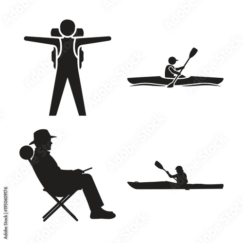 Outdoor Recreation and Kayaking Silhouette Icons