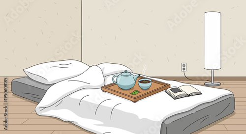 Cozy Bedroom Corner with Japanese Tea Set and Book on Bed