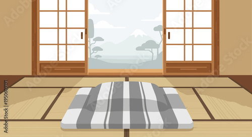 Cozy Japanese Kotatsu Table in Traditional Room with Mount Fuji View