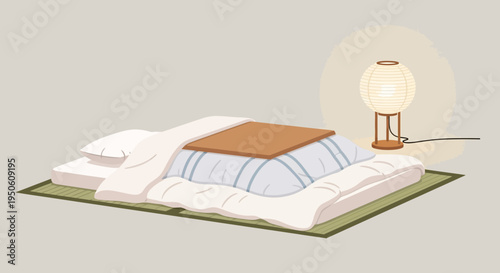 Cozy Japanese Kotatsu Table with Futon and Lantern, Winter Comfort