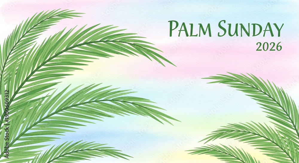 Fototapeta premium Palm Sunday 2026 greeting card with tropical palm leaves and soft pastel background