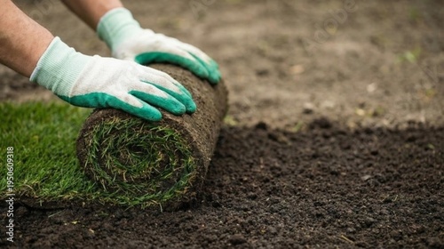 Professional gardener hands in gloves installing new sod for lawn. Landscaping service, turf rolls installation, backyard renovation, garden improvement and green grass carpeting process.