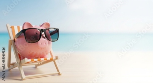 Pink piggy bank wearing sunglasses sitting on a beach chair against a tropical ocean background. Creative concept for travel savings, cheap flights, and summer holiday budget.