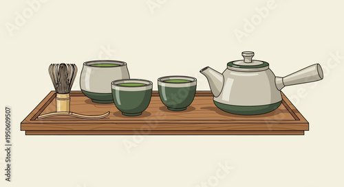 Japanese Tea Ceremony Set with Matcha Whisk, Bowls, and Teapot on Tray