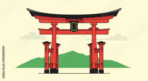 Japanese Torii Gate Icon with Mountains and Clouds, Traditional Japanese Architecture