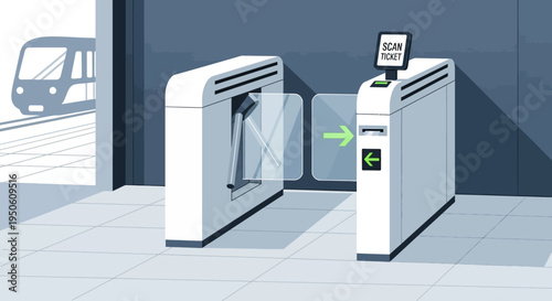 Modern public transport ticket gate with train approaching, digital entry.