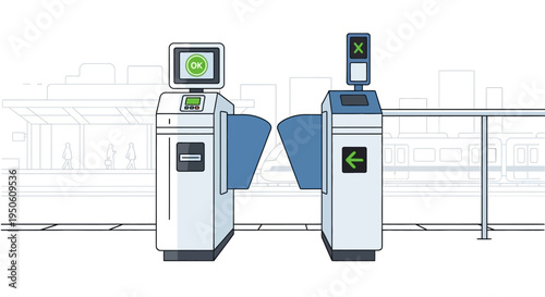 Modern public transport ticket gates with green OK sign and arrow